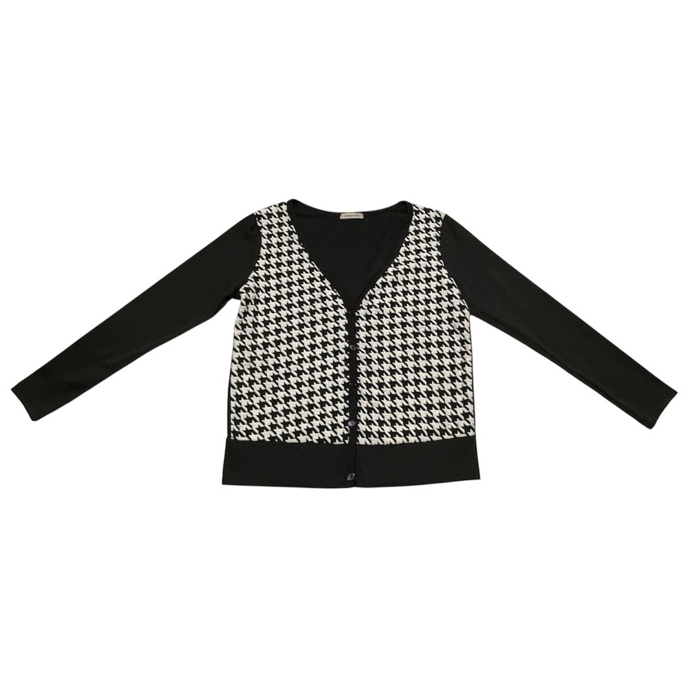 Ambiance Houndstooth Black Long-sleeve button-up V-neck cardigan Top size Medium